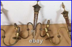 Antique Brass Wall Sconce x3 Vintage Lantern Flame Double Candlestick Ornate