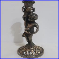 Antique Bronze Cherub Angel Candlestick Brass Candle Holder Vintage Gold 9 Tall