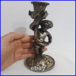 Antique Bronze Cherub Angel Candlestick Brass Candle Holder Vintage Gold 9 Tall