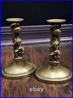 Antique C. 1890s English Dartmoor Pixie Brass Candleholder Pair, Cottagecore