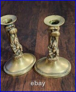 Antique C. 1890s English Dartmoor Pixie Brass Candleholder Pair, Cottagecore