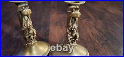 Antique C. 1890s English Dartmoor Pixie Brass Candleholder Pair, Cottagecore