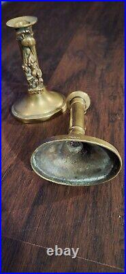 Antique C. 1890s English Dartmoor Pixie Brass Candleholder Pair, Cottagecore