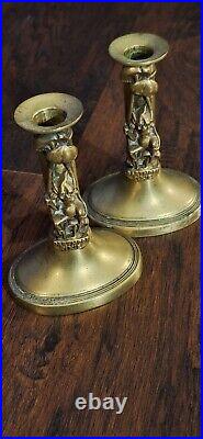 Antique C. 1890s English Dartmoor Pixie Brass Candleholder Pair, Cottagecore