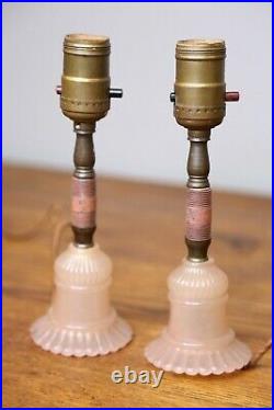 Antique Candlestick Table Lamps Pink Glass and Brass Vanity Vintage lights pair