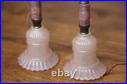 Antique Candlestick Table Lamps Pink Glass and Brass Vanity Vintage lights pair