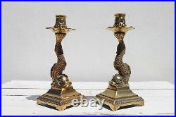 Antique French Pair of Gilt Bronze Dolphin Candlesticks