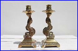 Antique French Pair of Gilt Bronze Dolphin Candlesticks