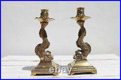 Antique French Pair of Gilt Bronze Dolphin Candlesticks