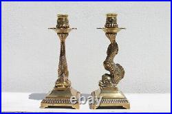 Antique French Pair of Gilt Bronze Dolphin Candlesticks