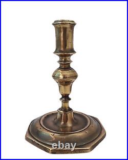 Antique Metalware 17th Century Solid Brass Octagonal Base Candlestick Spanish