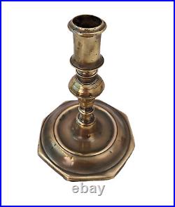 Antique Metalware 17th Century Solid Brass Octagonal Base Candlestick Spanish