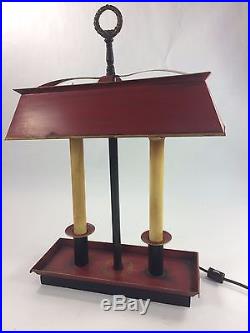 Antique Red Metal withShade Electric 2 Candle Lamp, Table, Desk, Rectangle, Vintage