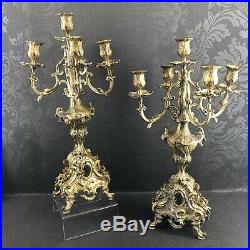 Antique Rococo Ornate Brass Pair Of Candelabra 5 X Candlestick Hollywood Vintage