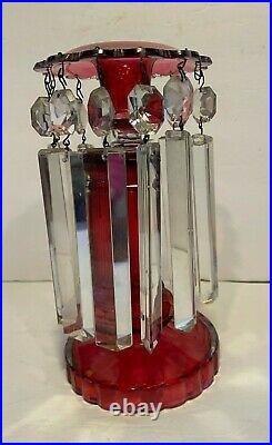 Antique Victorian Mantle Luster Cranberry Glass 9 Candlestick 12 Prisms Vintage