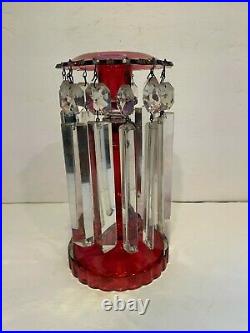 Antique Victorian Mantle Luster Cranberry Glass 9 Candlestick 12 Prisms Vintage