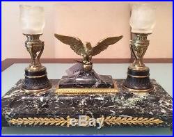 Antique Vintage 19C Gilt Bronze Mouted Marble Base Pen Tray Eagle Candelabra