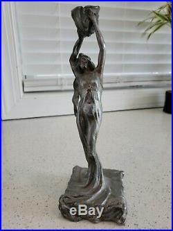 Antique Vintage Art Deco Nouveau Nude Woman Candlestick Bronze Statue Patina