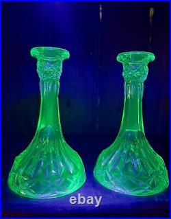 Antique Vintage Art Deco Uranium Vaseline Glass Candlestick Pair 1920s