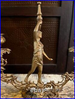 Antique Vintage Art Nouveau Iron Gold Gilt Woman Candelabra Candlestick Holder