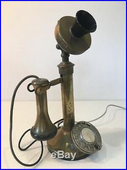 Antique Vintage Brass Black Bakelite Candlestick Coverted Rotary Dial Telephone