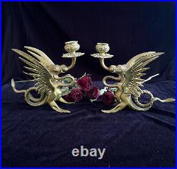 Antique/Vintage Brass Griffin/Winged Dragon Gothic Candlestick Holders