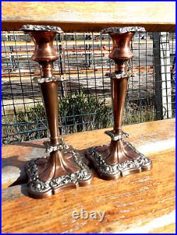 Antique Vintage Copper Silver Plated Pair Candlesticks Holder Stick 25 cm high