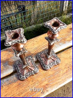 Antique Vintage Copper Silver Plated Pair Candlesticks Holder Stick 25 cm high