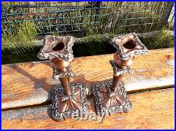 Antique Vintage Copper Silver Plated Pair Candlesticks Holder Stick 25 cm high