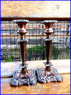 Antique Vintage Copper Silver Plated Pair Candlesticks Holder Stick 25 cm high