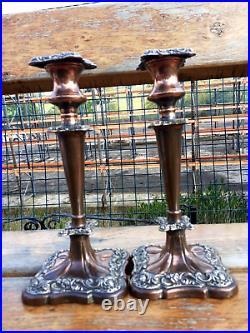 Antique Vintage Copper Silver Plated Pair Candlesticks Holder Stick 25 cm high