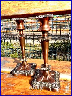 Antique Vintage Copper Silver Plated Pair Candlesticks Holder Stick 25 cm high