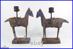 Antique / Vintage Folk Art Wrought Iron Horse Candlesticks