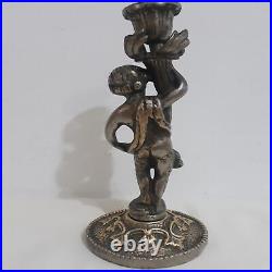 Antique Vintage French Brass Cherub Putti Candlestick Holder Chateau Style 9 In