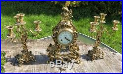 Antique Vintage Hermle Three Pieces Brass Set Clock Mantel and Candlesticks