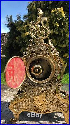 Antique Vintage Hermle Three Pieces Brass Set Clock Mantel and Candlesticks