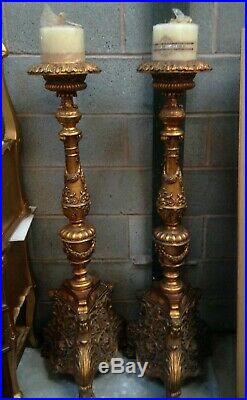 Antique Vintage Large Pair Of Rococo Candlesticks Wooden Gold Ornate Carved