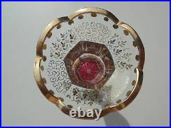 Antique Vintage Moser Art Glass Cranberry Gold Cabochon Candlestick 9 5/8