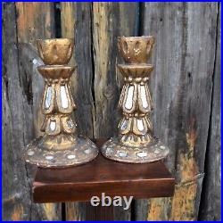 Antique Vintage Ornate Gilt Mirrored Plaster Candlesticks Candle Holders Pair