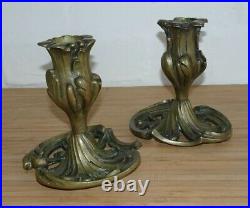 Antique Vintage Pair Cast Bronze Art Nouveau Candle Sticks Pattern No 4550