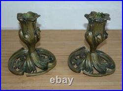 Antique Vintage Pair Cast Bronze Art Nouveau Candle Sticks Pattern No 4550