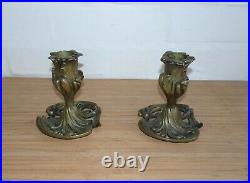 Antique Vintage Pair Cast Bronze Art Nouveau Candle Sticks Pattern No 4550