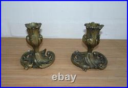 Antique Vintage Pair Cast Bronze Art Nouveau Candle Sticks Pattern No 4550