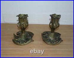 Antique Vintage Pair Cast Bronze Art Nouveau Candle Sticks Pattern No 4550