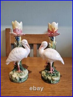 Antique Vintage Pair Of French Majolica Stork Candle Sticks