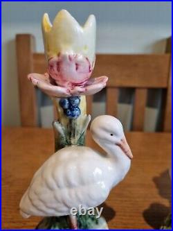 Antique Vintage Pair Of French Majolica Stork Candle Sticks