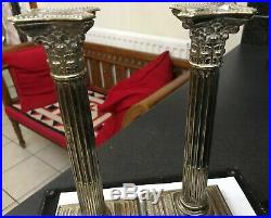 Antique Vintage Pair Striking Silver Plated Candlesticks Roman Corinthian Column