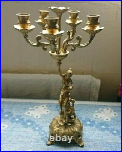 Antique Vintage Retro Lady Figurine Brass Candelabra Candlestick Candle Holder
