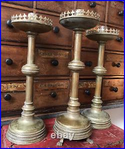 Antique Vintage Trio Pair French Brass Tall Altar Candle Stick Holders