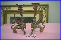 Antique Vintage Unique Pair Brass Griffins Sphinx Dragon Candle Holders Sticks